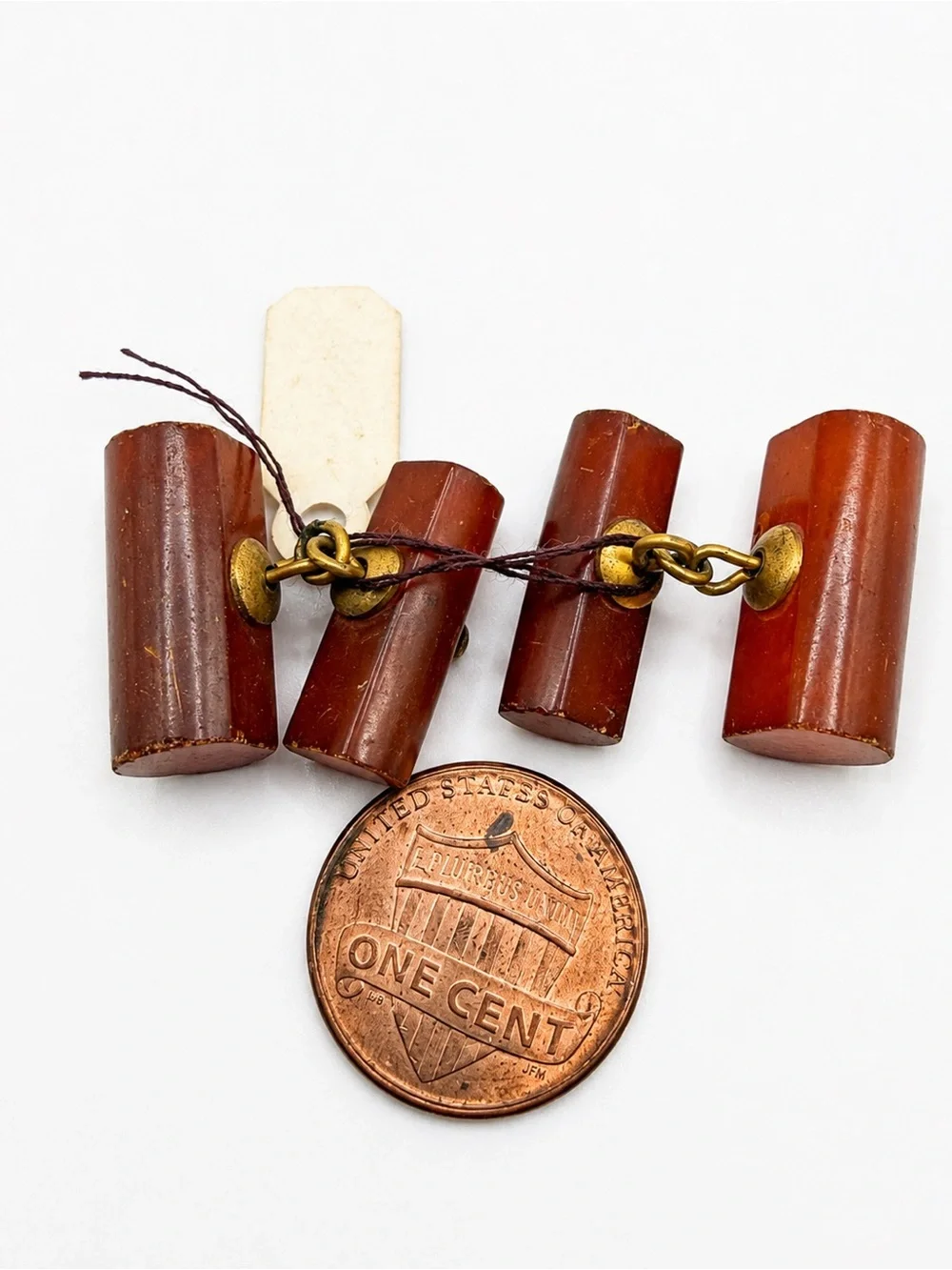 Vtg Bakelite Cufflinks Brown Amber Chain Link Double End Bar 1930s Art Deco